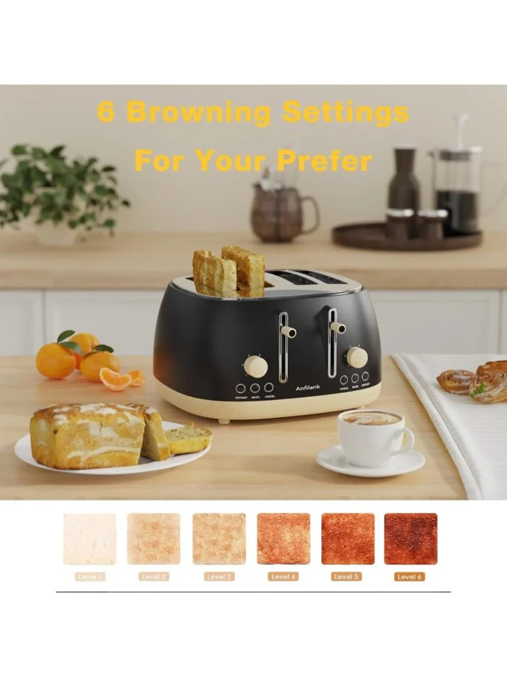 4 Slice Matt Black Retro Stainless Steel Extra Wide Slots Cancel Toaster